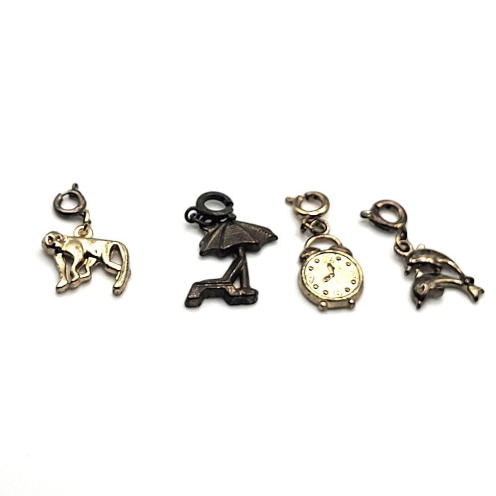 Lot of 4 Charms Monkey, Dolphin, Beach Chair, Clock 1in spring ring